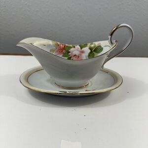 Antique Nippon Japan Gravy/Sauce Boat w/Plate Hand Painted Gilded Flowers Gold